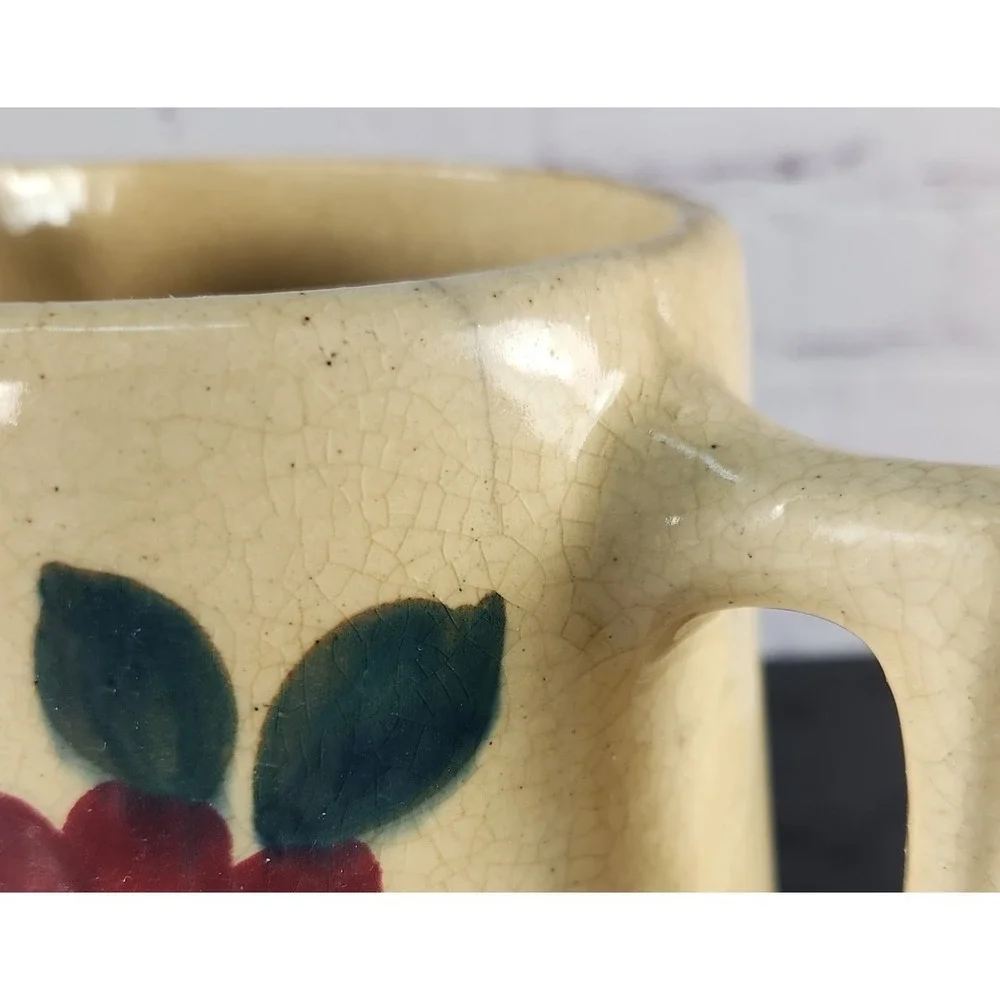 Vintage Yellow Ware Pottery Pitcher with Flowers Farmhouse Rustic Chic